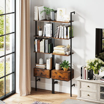 5-Tier Ladder Bookcase with Drawer and Metal Frame for Study Home Office, Rustic Brown Bookcases at Gallery Canada
