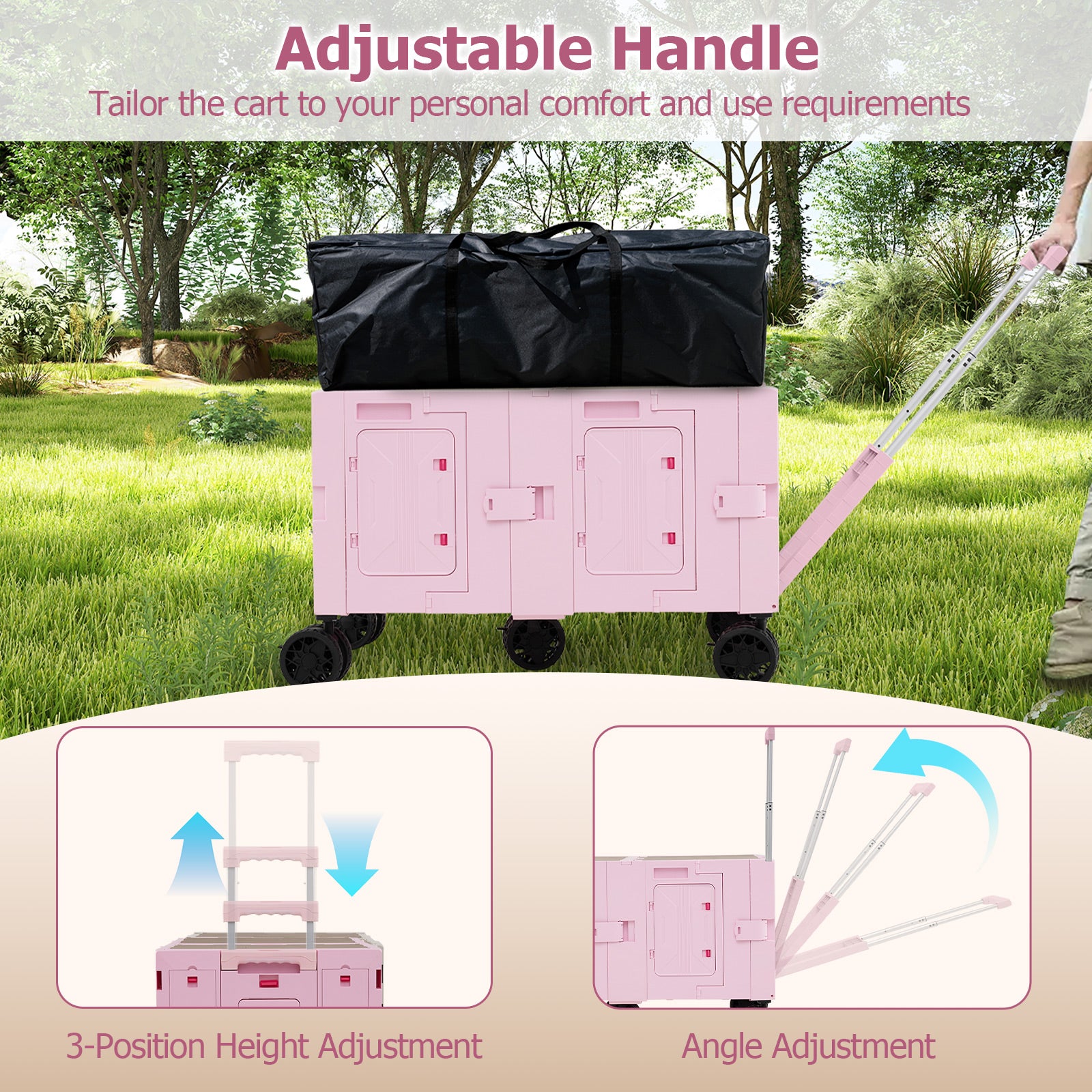Large Foldable Utility Cart with 2-Tier Storage Crates and Telescoping Handle, Pink Camping Furniture at Gallery Canada