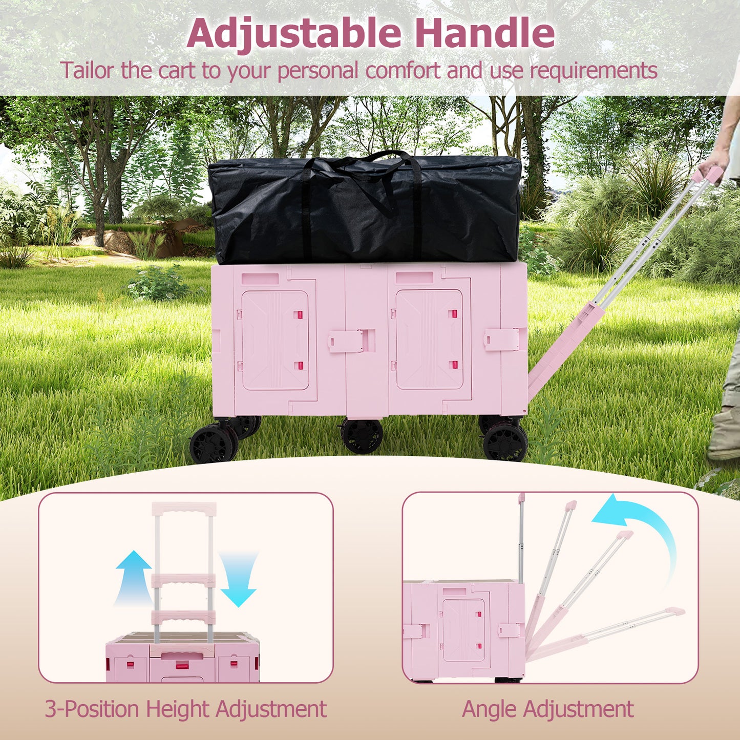 Large Foldable Utility Cart with 2-Tier Storage Crates and Telescoping Handle, Pink Camping Furniture at Gallery Canada