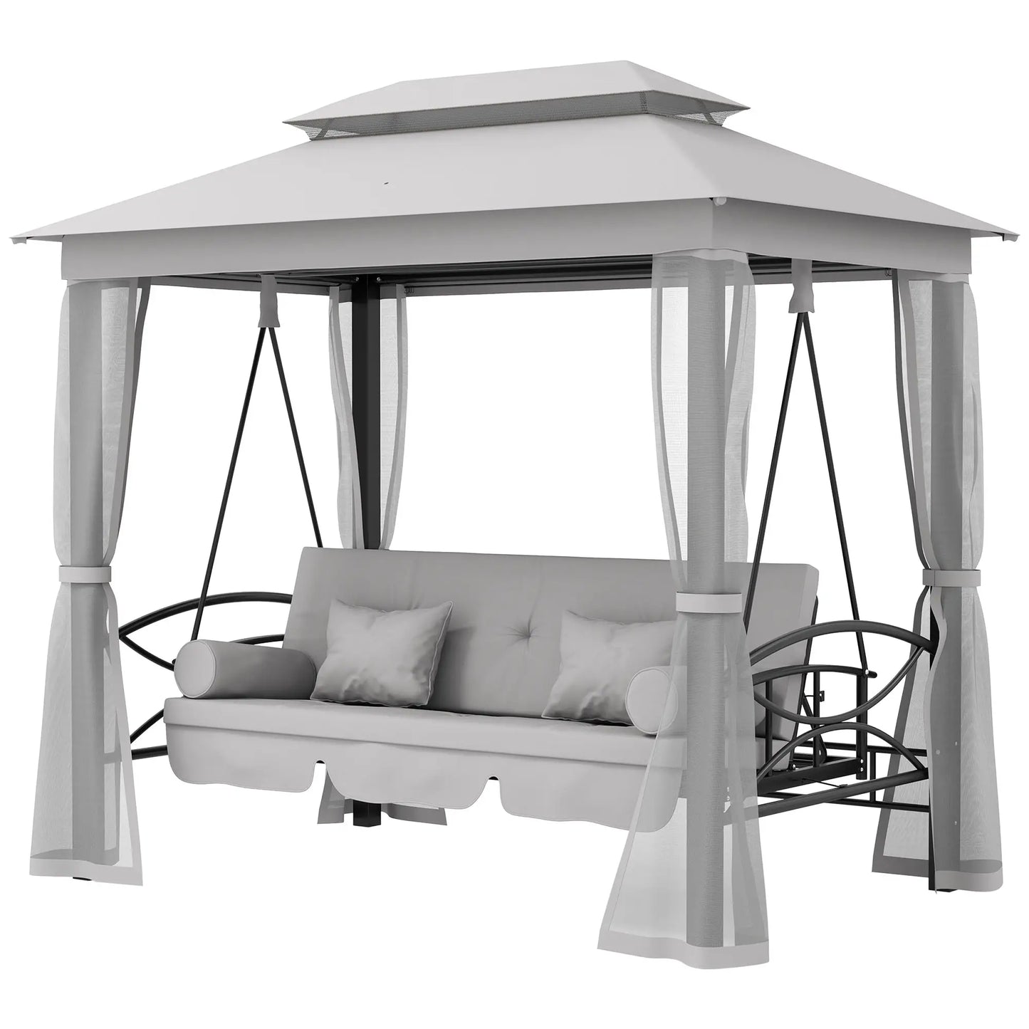 3 Person Outdoor Daybed, Canopy Gazebo Swing Chair, Grey Patio Swings with Stand Grey at Gallery Canada
