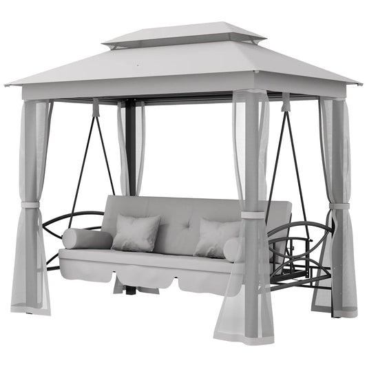 3 Person Outdoor Daybed, Canopy Gazebo Swing Chair, Grey Patio Swings with Stand Grey at Gallery Canada