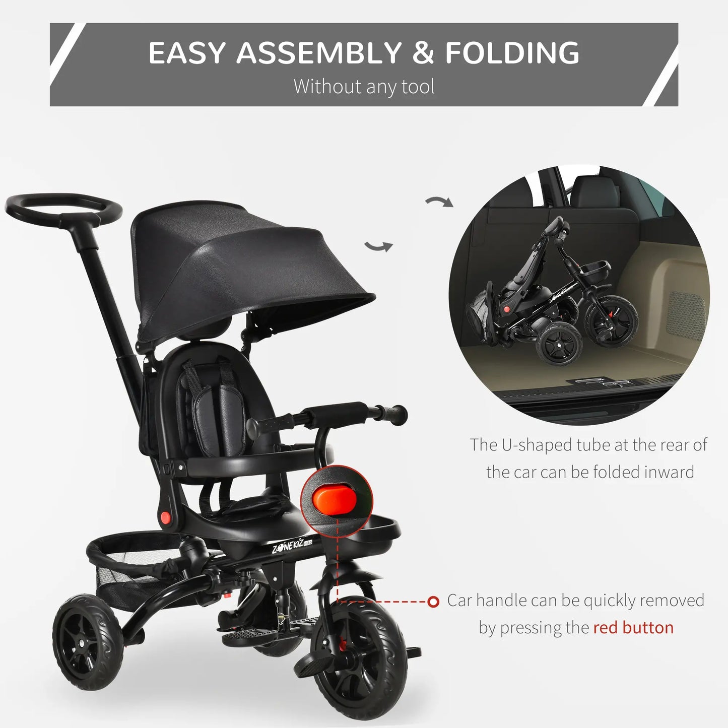 Toddler Tricycle, 4 in 1 Kids Trike, Adjustable Seat, Removable Handle, Black Tricycles for Kids at Gallery Canada
