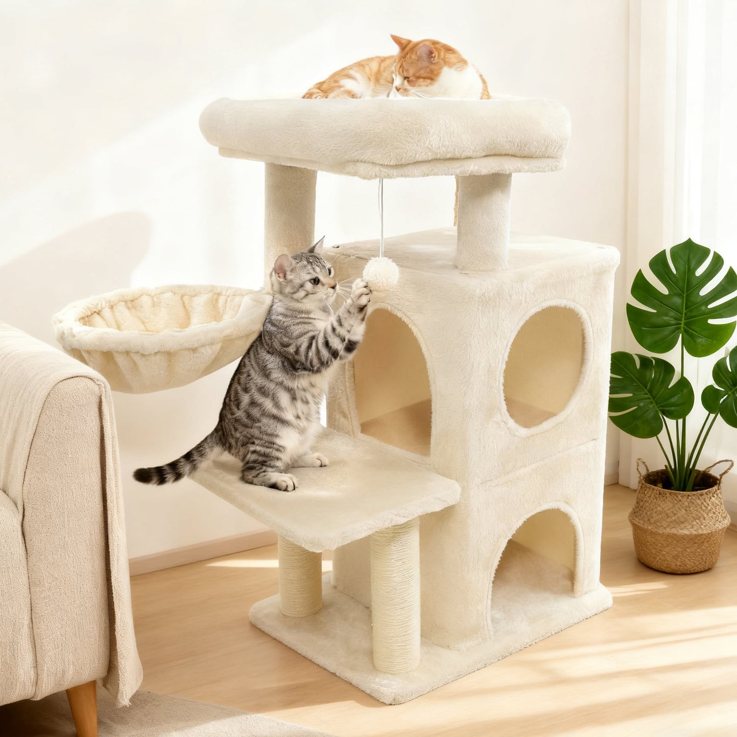 33.5 Inch Cute Kitten Tower with 2-Tier Condo and Padded Top Perch, Beige