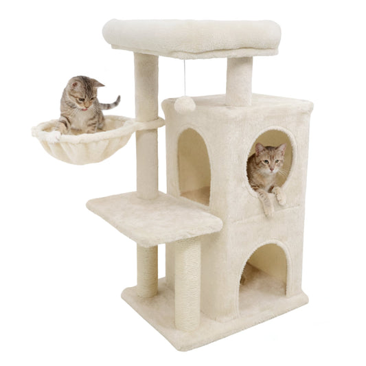 33.5 Inch Cute Kitten Tower with 2-Tier Condo and Padded Top Perch, Beige