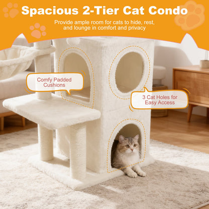 33.5 Inch Cute Kitten Tower with 2-Tier Condo and Padded Top Perch, Beige