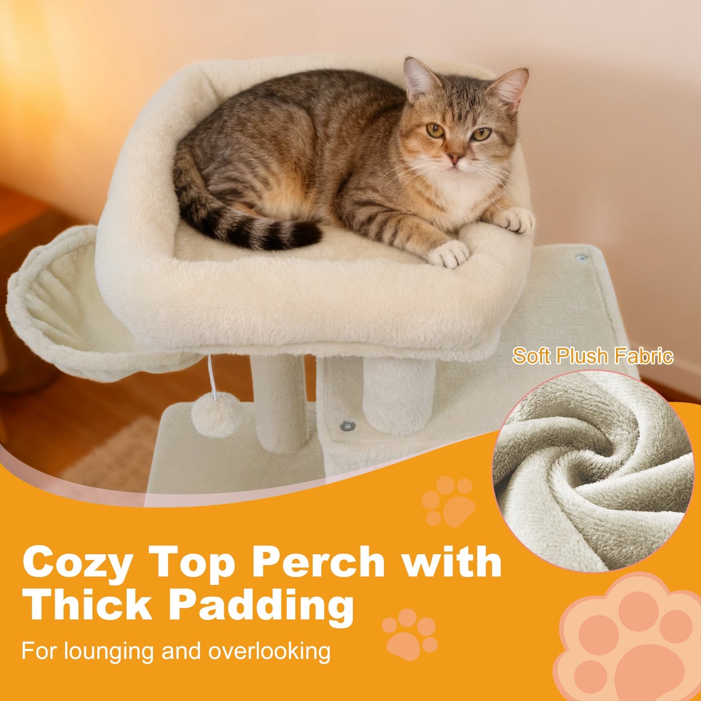 33.5 Inch Cute Kitten Tower with 2-Tier Condo and Padded Top Perch, Beige