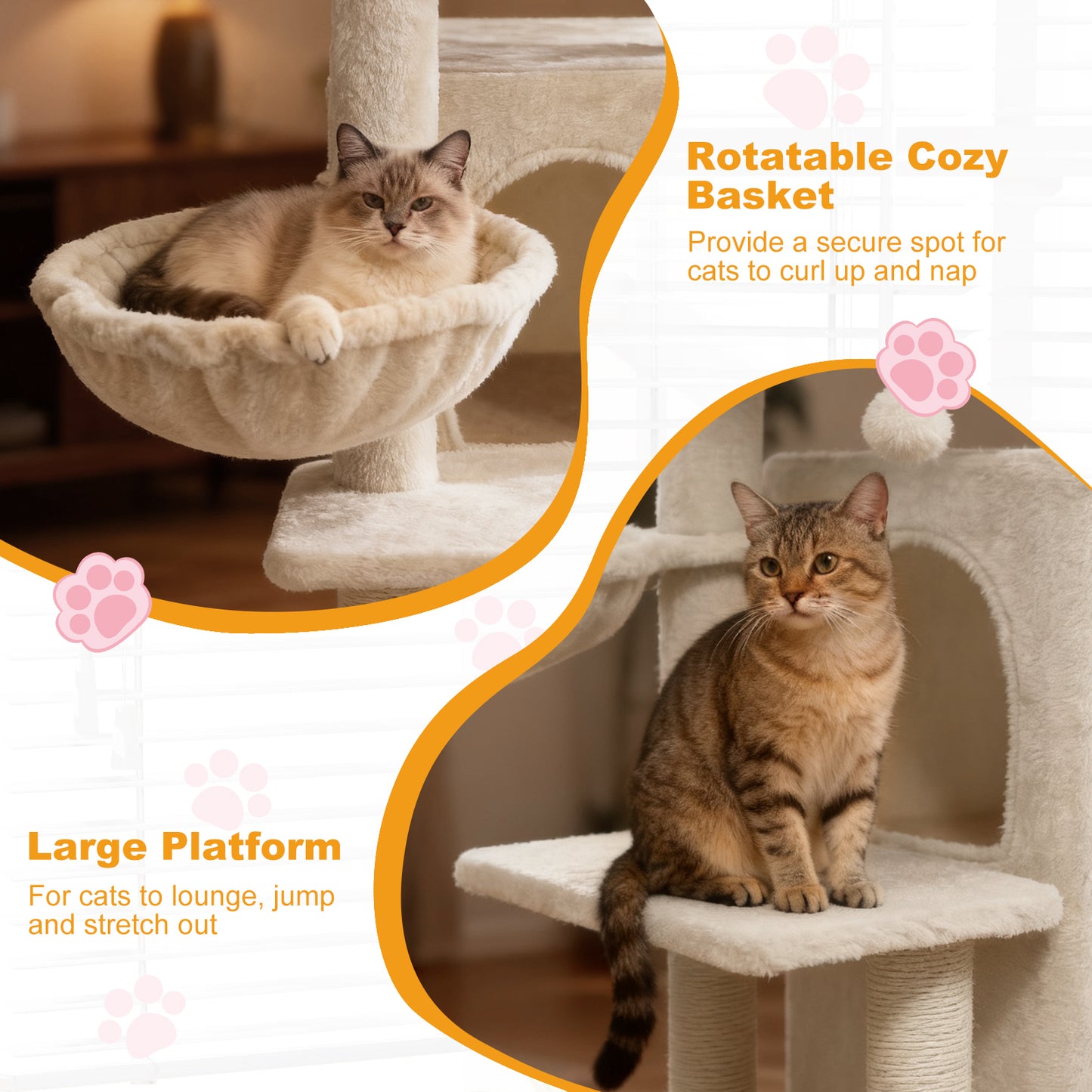 33.5 Inch Cute Kitten Tower with 2-Tier Condo and Padded Top Perch, Beige