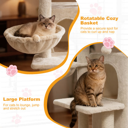 33.5 Inch Cute Kitten Tower with 2-Tier Condo and Padded Top Perch, Beige
