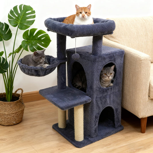 33.5 Inch Cute Kitten Tower with 2-Tier Condo and Padded Top Perch, Dark Gray