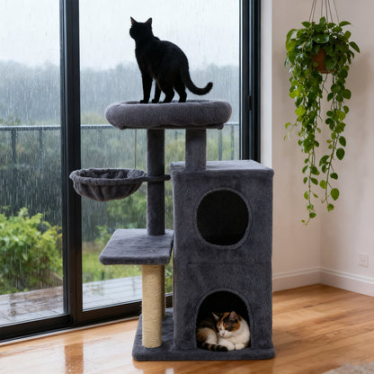 33.5 Inch Cute Kitten Tower with 2-Tier Condo and Padded Top Perch, Dark Gray