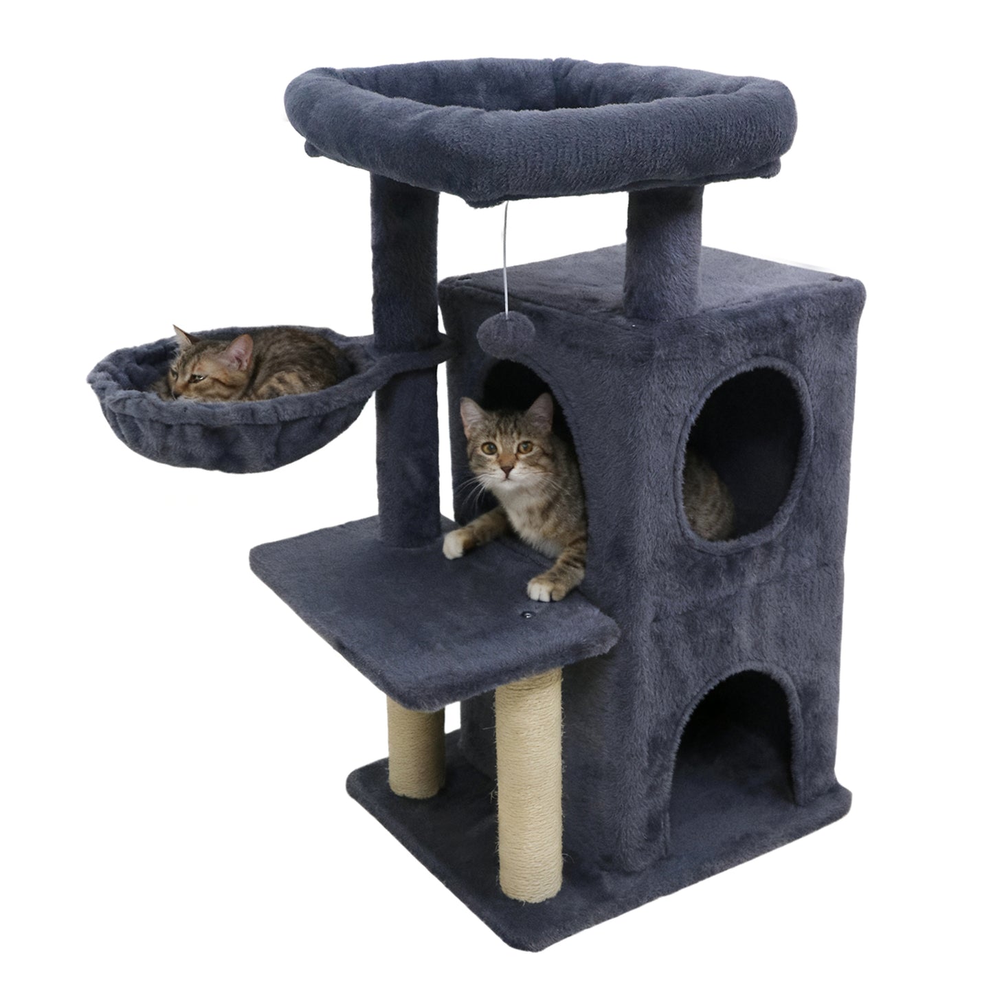 33.5 Inch Cute Kitten Tower with 2-Tier Condo and Padded Top Perch, Dark Gray