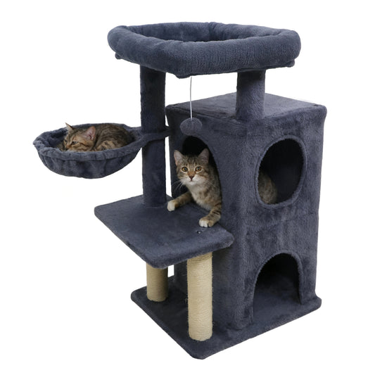 33.5 Inch Cute Kitten Tower with 2-Tier Condo and Padded Top Perch, Dark Gray
