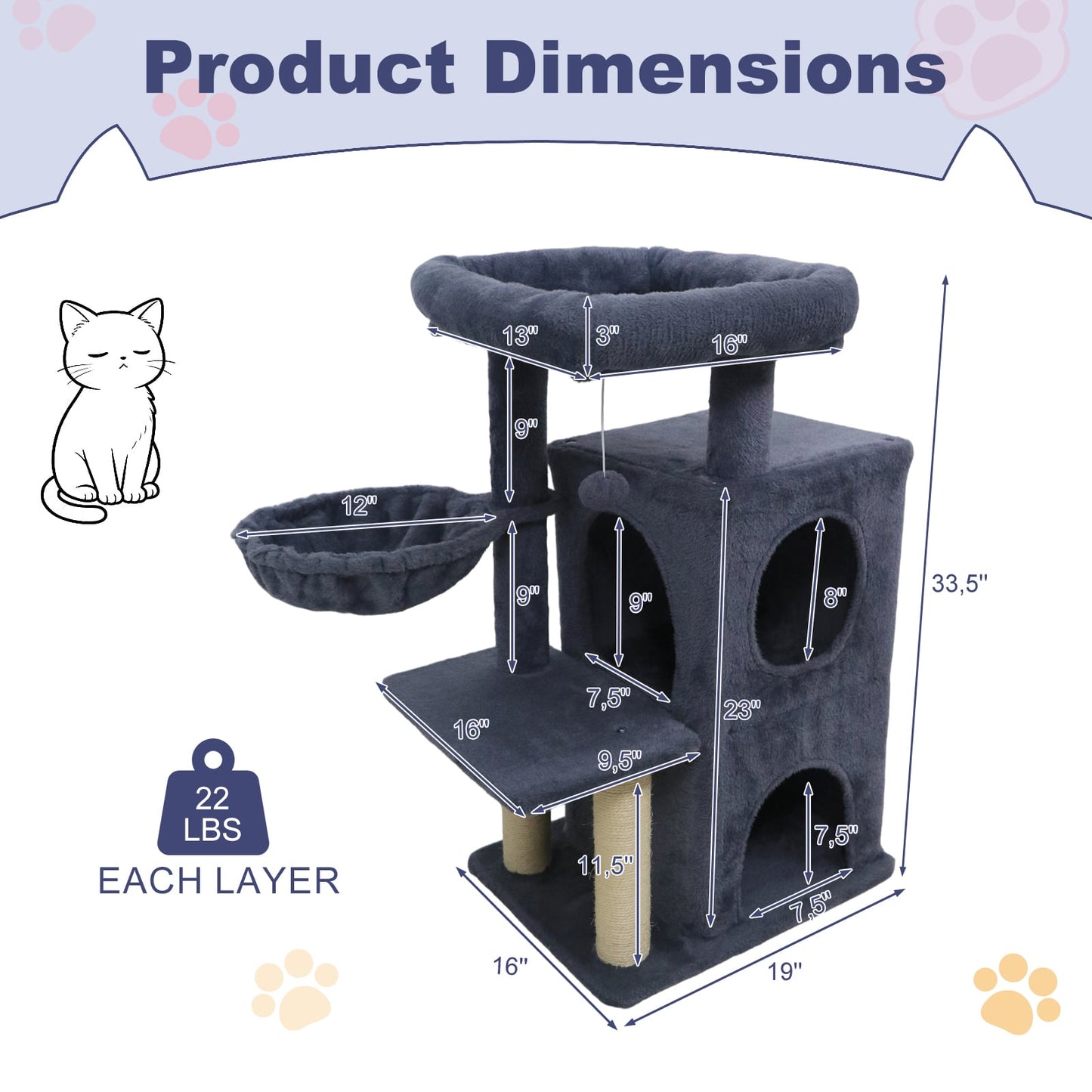 33.5 Inch Cute Kitten Tower with 2-Tier Condo and Padded Top Perch, Dark Gray