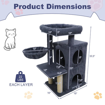 33.5 Inch Cute Kitten Tower with 2-Tier Condo and Padded Top Perch, Dark Gray