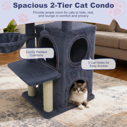 33.5 Inch Cute Kitten Tower with 2-Tier Condo and Padded Top Perch, Dark Gray
