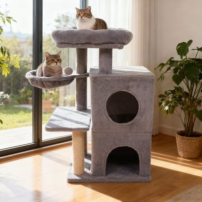33.5 Inch Cute Kitten Tower with 2-Tier Condo and Padded Top Perch, Light Gray