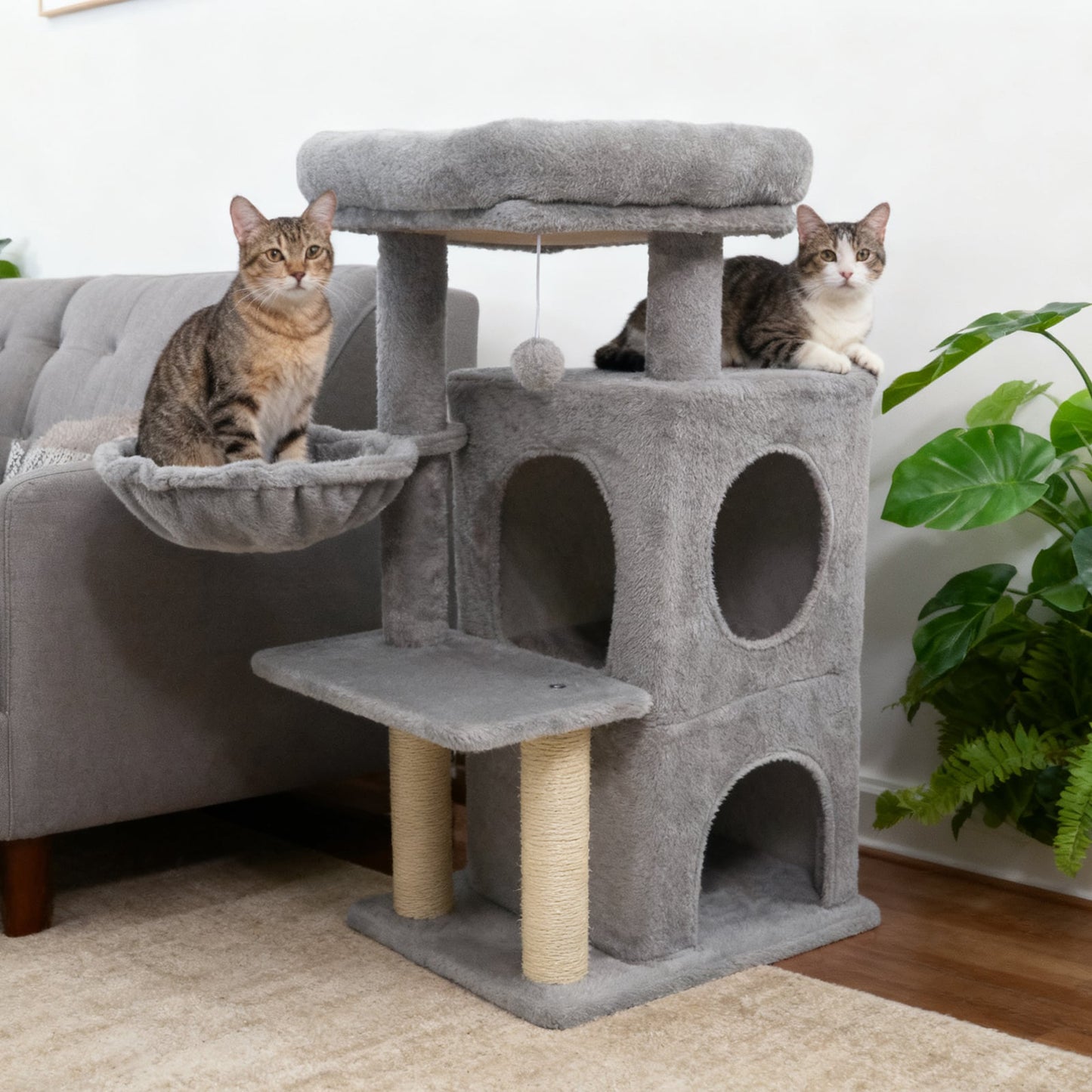 33.5 Inch Cute Kitten Tower with 2-Tier Condo and Padded Top Perch, Light Gray