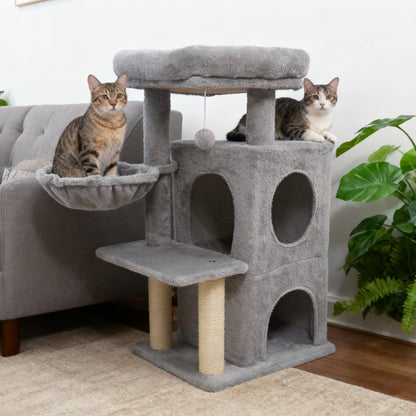 33.5 Inch Cute Kitten Tower with 2-Tier Condo and Padded Top Perch, Light Gray