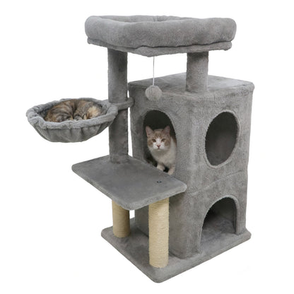 33.5 Inch Cute Kitten Tower with 2-Tier Condo and Padded Top Perch, Light Gray
