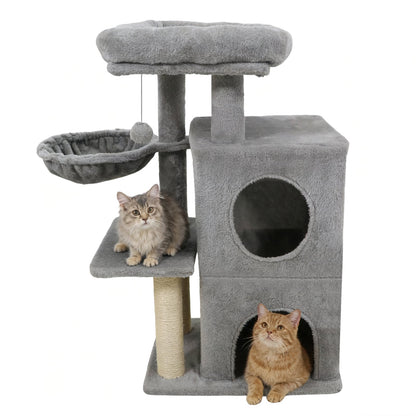 33.5 Inch Cute Kitten Tower with 2-Tier Condo and Padded Top Perch, Light Gray