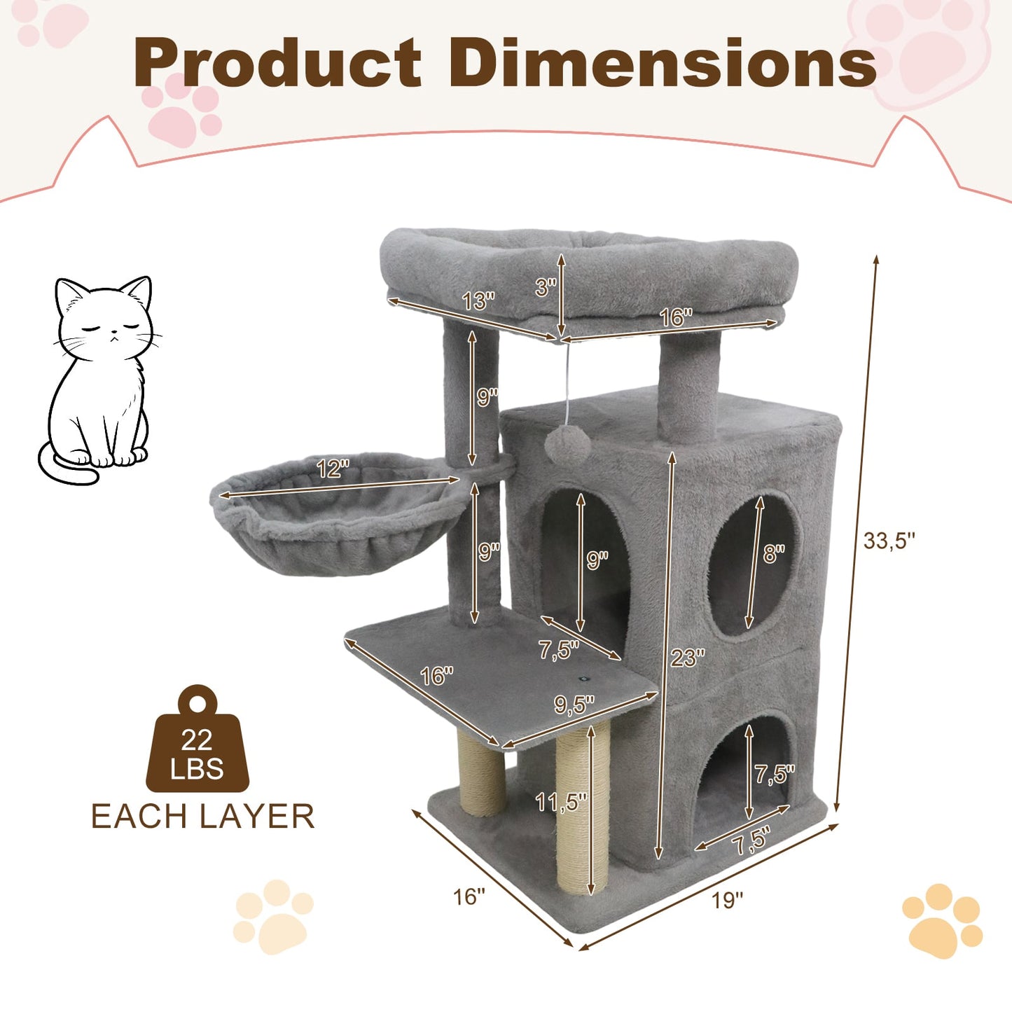 33.5 Inch Cute Kitten Tower with 2-Tier Condo and Padded Top Perch, Light Gray