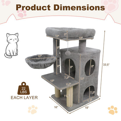 33.5 Inch Cute Kitten Tower with 2-Tier Condo and Padded Top Perch, Light Gray