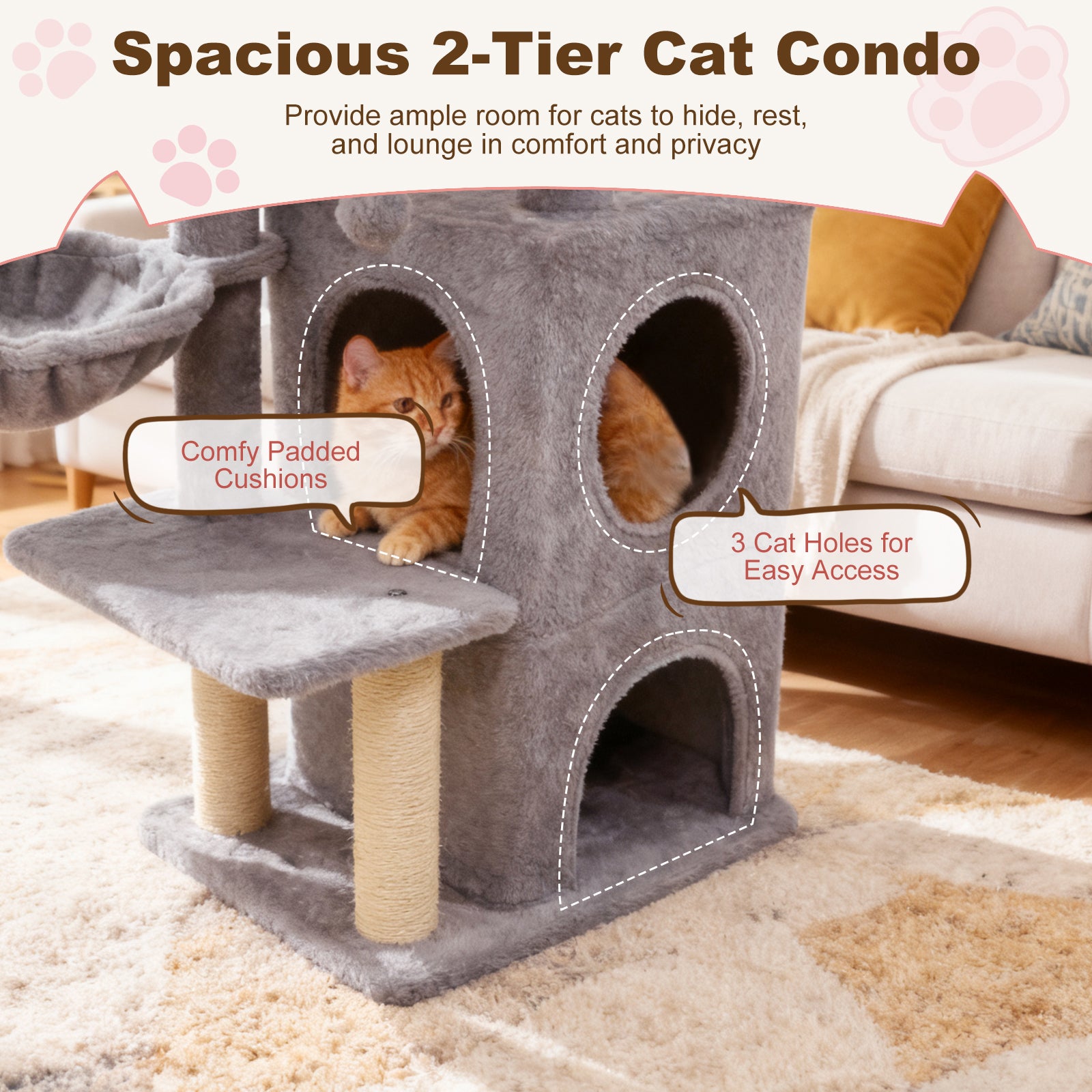 33.5 Inch Cute Kitten Tower with 2-Tier Condo and Padded Top Perch, Light Gray Cat Trees Condos & Scratchers at Gallery Canada