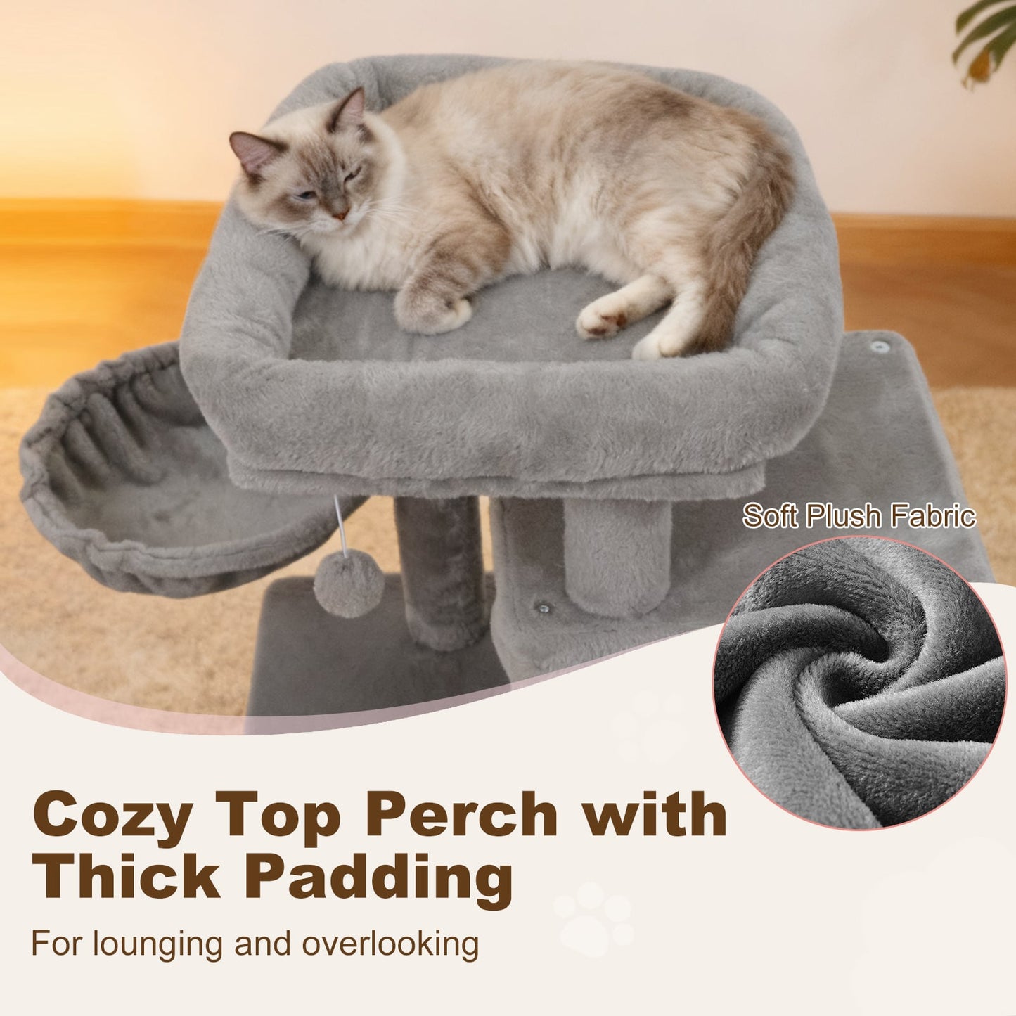 33.5 Inch Cute Kitten Tower with 2-Tier Condo and Padded Top Perch, Light Gray