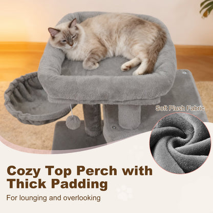 33.5 Inch Cute Kitten Tower with 2-Tier Condo and Padded Top Perch, Light Gray