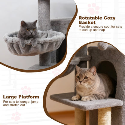 33.5 Inch Cute Kitten Tower with 2-Tier Condo and Padded Top Perch, Light Gray