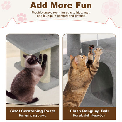 33.5 Inch Cute Kitten Tower with 2-Tier Condo and Padded Top Perch, Light Gray