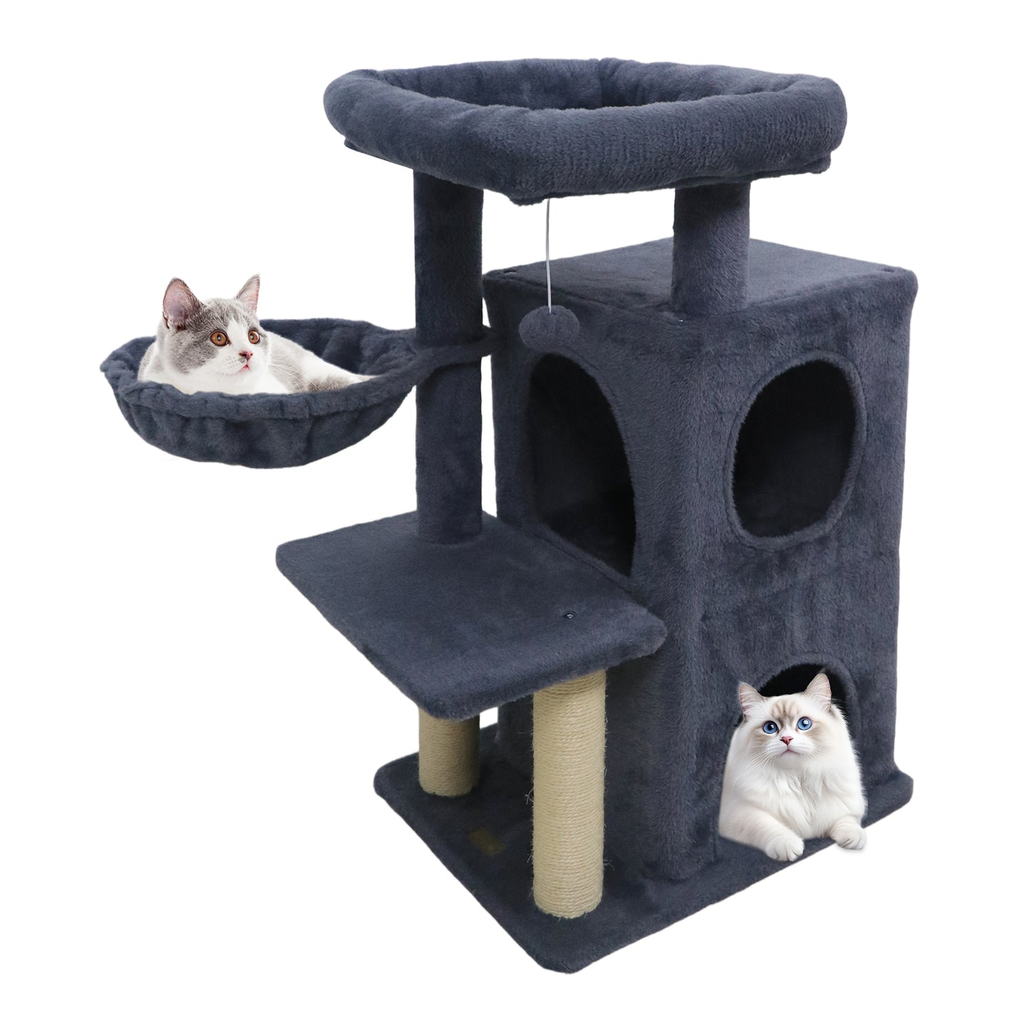 33.5 Inch Cute Kitten Tower with 2-Tier Condo and Padded Top Perch, Dark Gray Cat Trees Condos & Scratchers Dark Gray at Gallery Canada