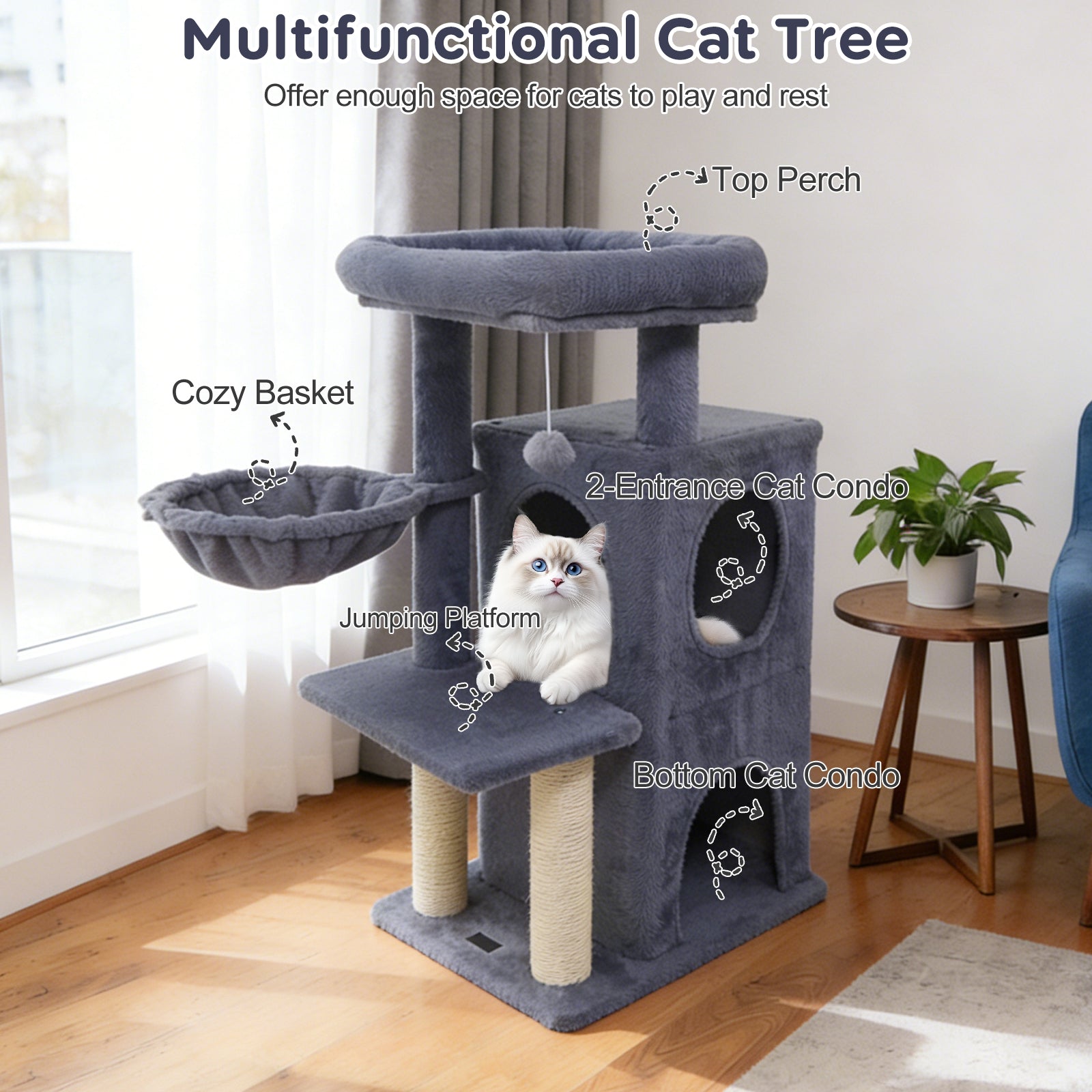 33.5 Inch Cute Kitten Tower with 2-Tier Condo and Padded Top Perch, Dark Gray Cat Trees Condos & Scratchers at Gallery Canada