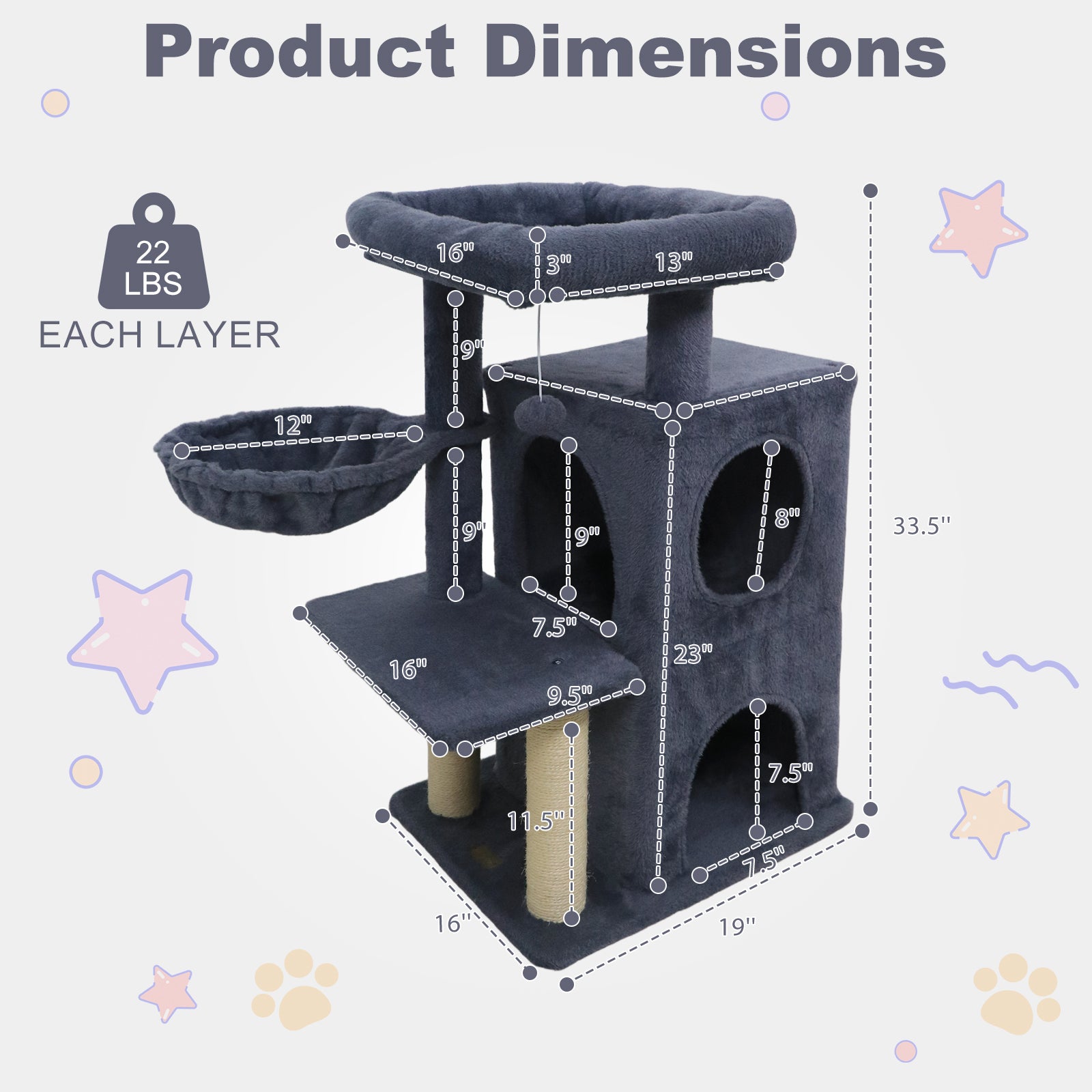 33.5 Inch Cute Kitten Tower with 2-Tier Condo and Padded Top Perch, Dark Gray Cat Trees Condos & Scratchers at Gallery Canada