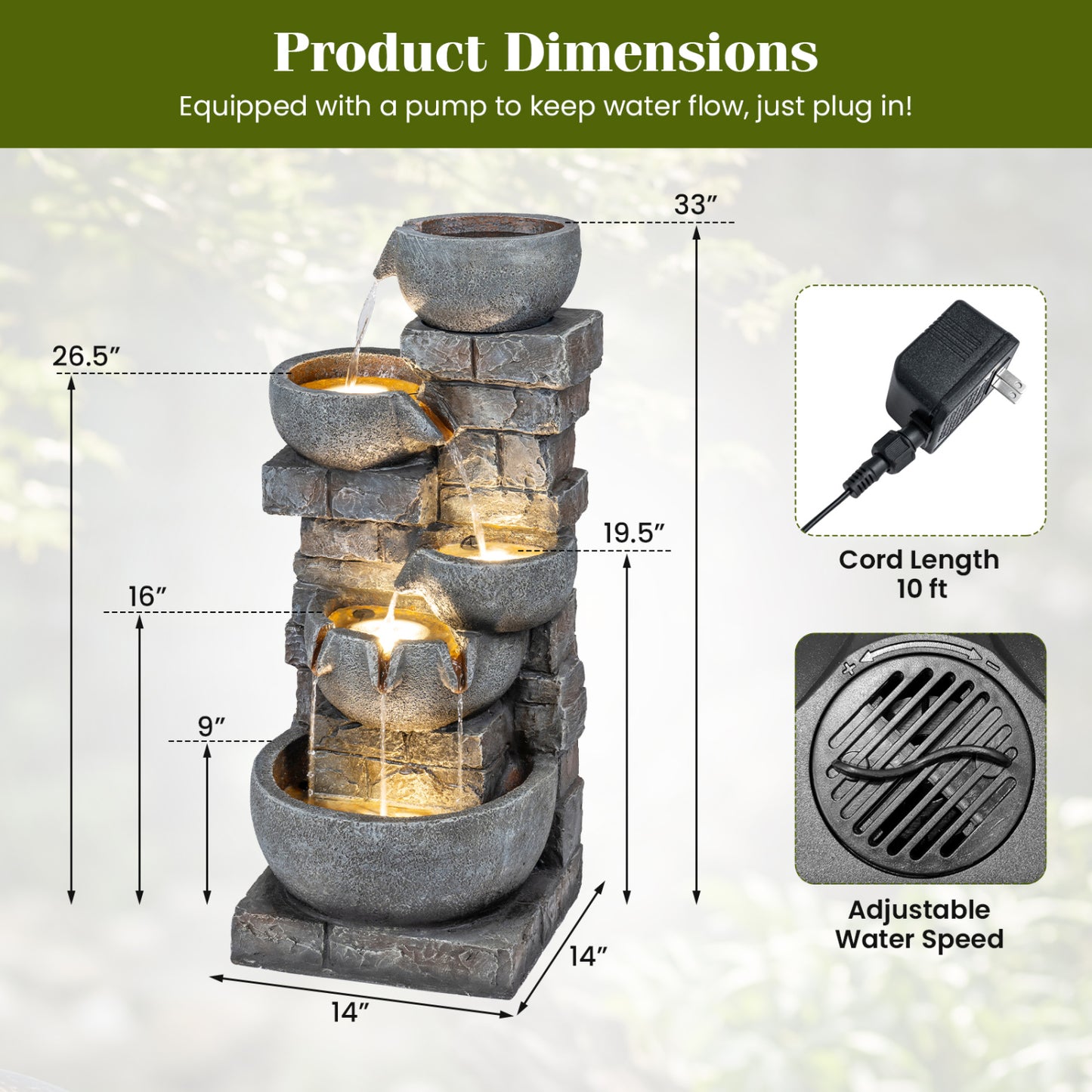 33" H Outdoor Water Fountain With LED Lights, Gray Outdoor Decor at Gallery Canada