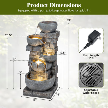 33" H Outdoor Water Fountain With LED Lights, Gray Outdoor Decor at Gallery Canada