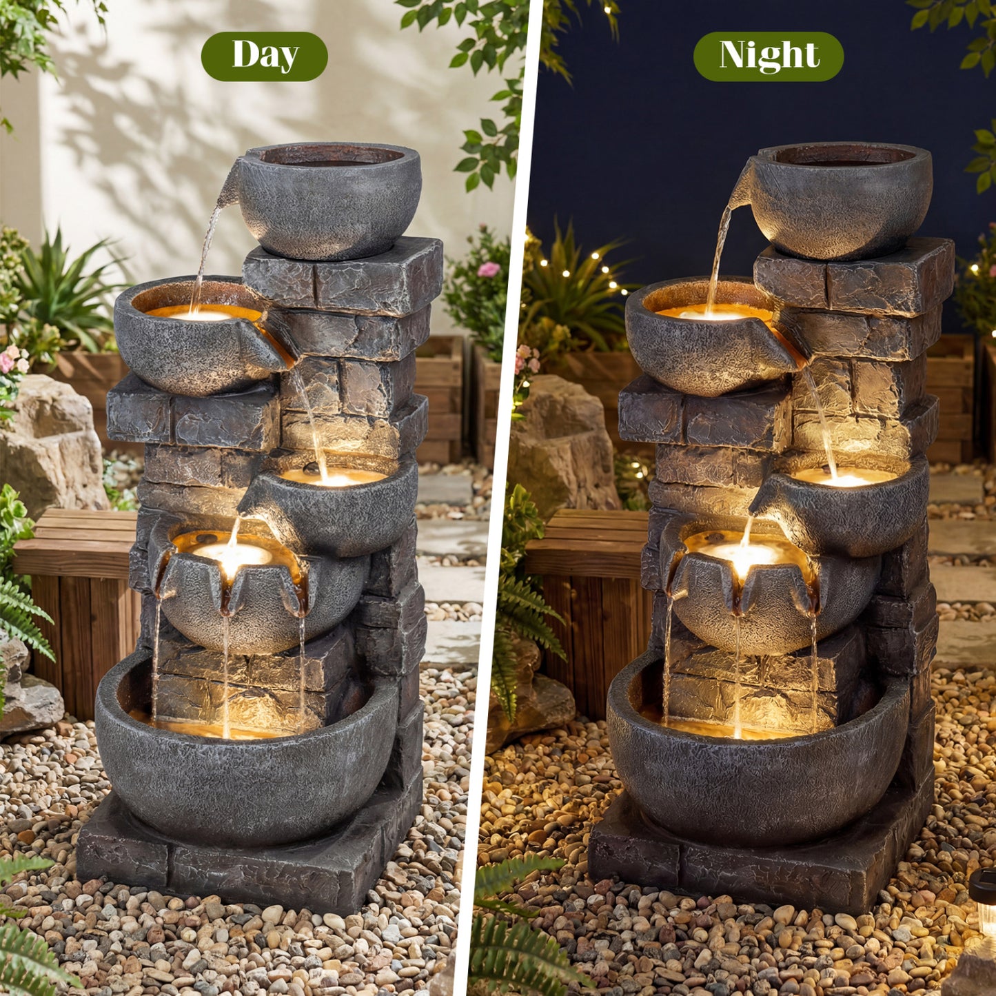 33" H Outdoor Water Fountain With LED Lights, Gray Outdoor Decor at Gallery Canada