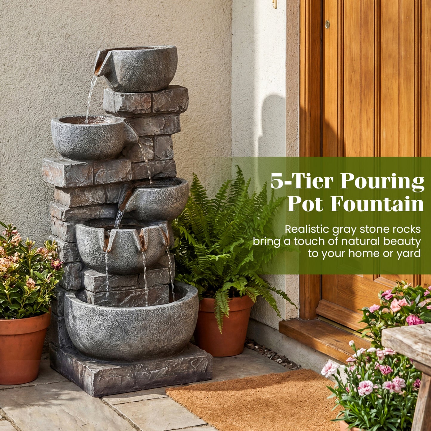 33" H Outdoor Water Fountain With LED Lights, Gray Outdoor Decor at Gallery Canada