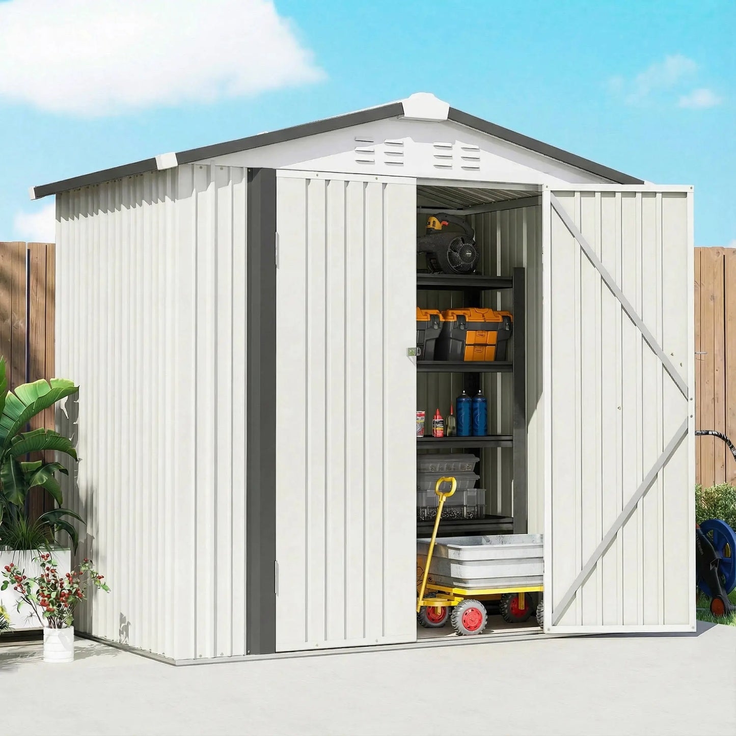6.5' x 4' Outdoor Storage Shed, Metal Garden Shed, Silver-White Sheds at Gallery Canada