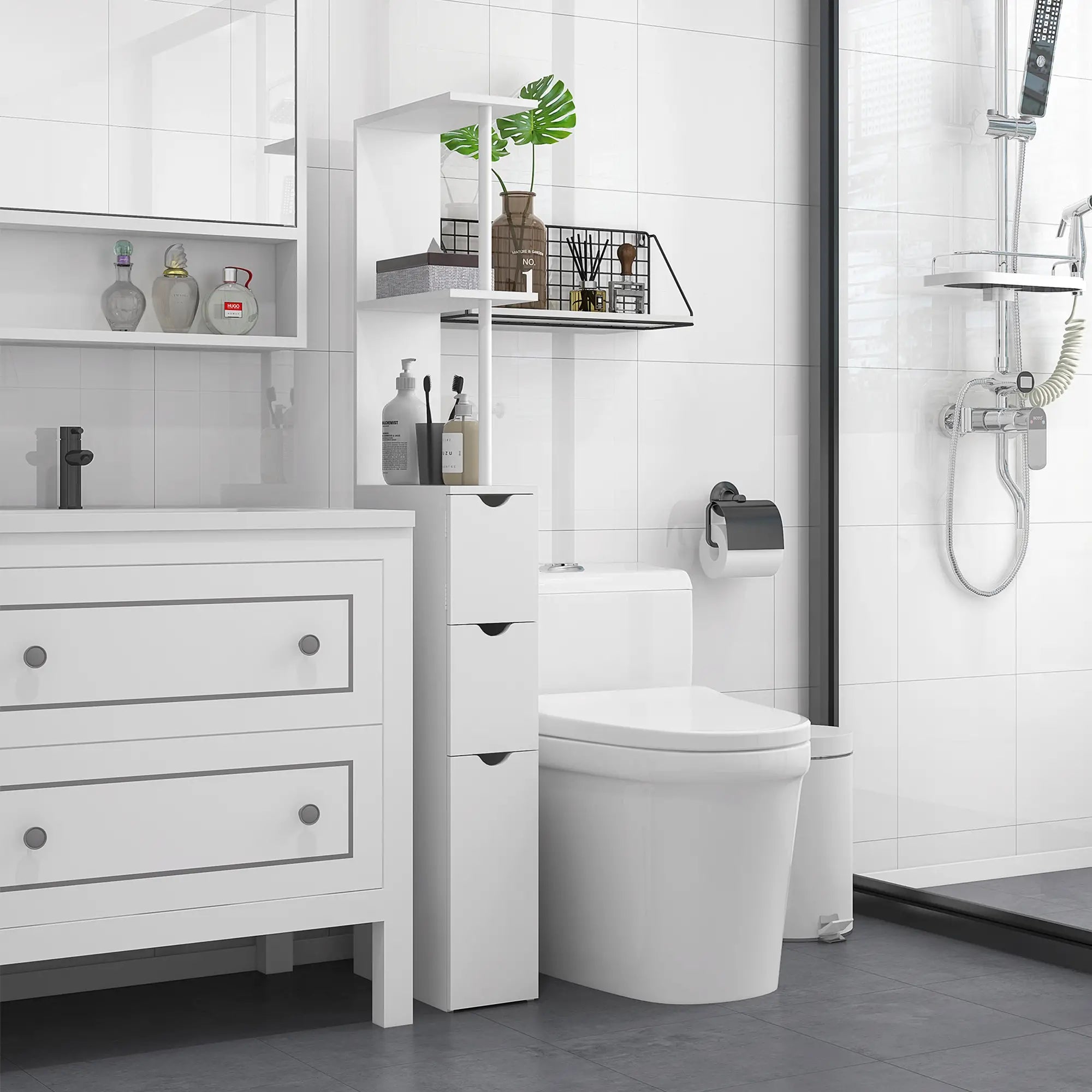 Tall Narrow Bathroom Storage Cabinet, Drawers and Open Shelves, White Bathroom Cabinets at Gallery Canada