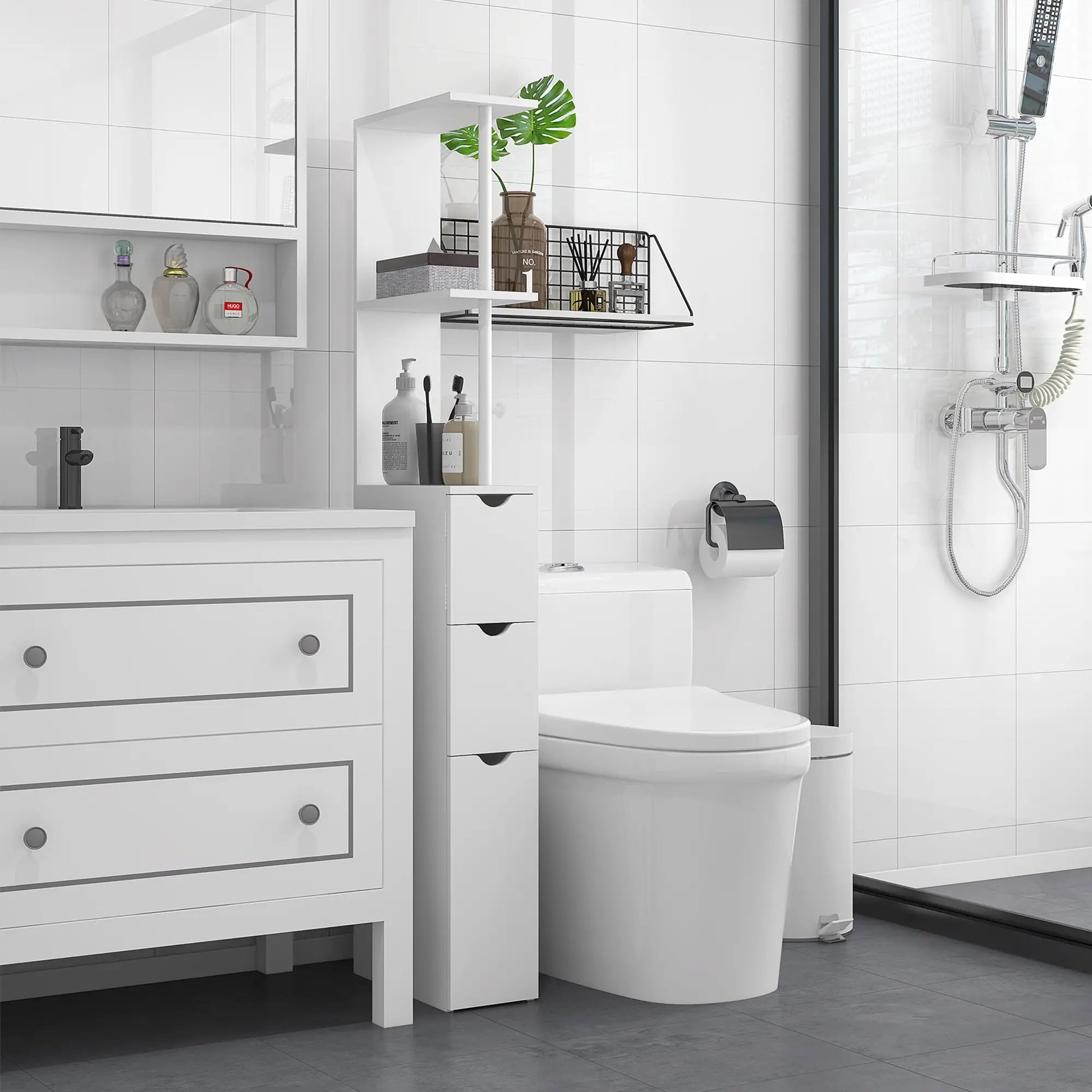 Tall Narrow Bathroom Storage Cabinet, Drawers and Open Shelves, White Bathroom Cabinets at Gallery Canada