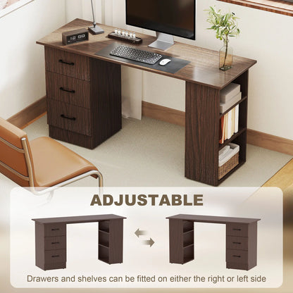 55 Inch Computer Desk, 3-Tier Shelves, 3 Reversible Drawers, Walnut Computer Desks at Gallery Canada