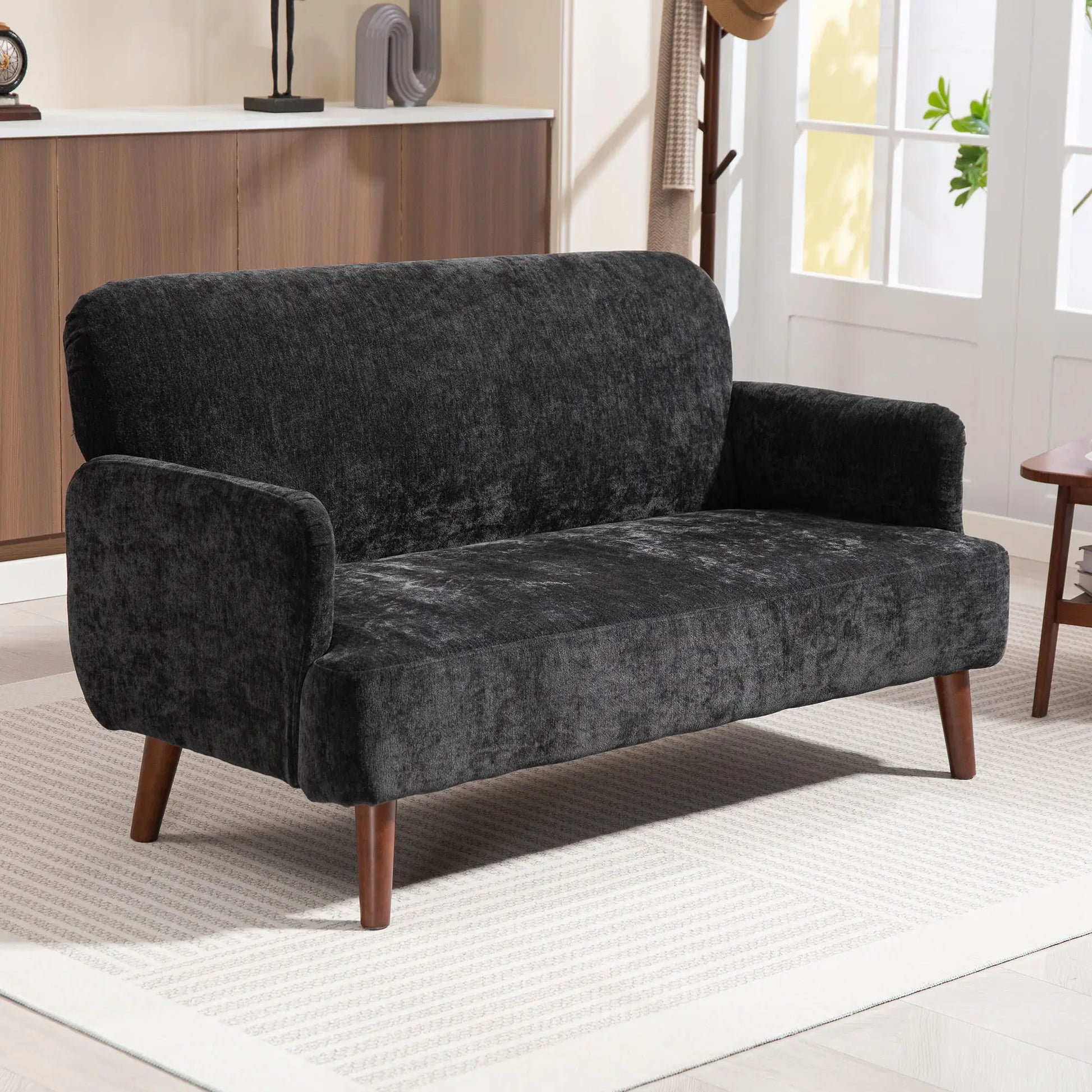 Velvet Fabric 2 Seater Sofa, Small Loveseat 8.3" Thick, Black 2-Seater Sofas at Gallery Canada