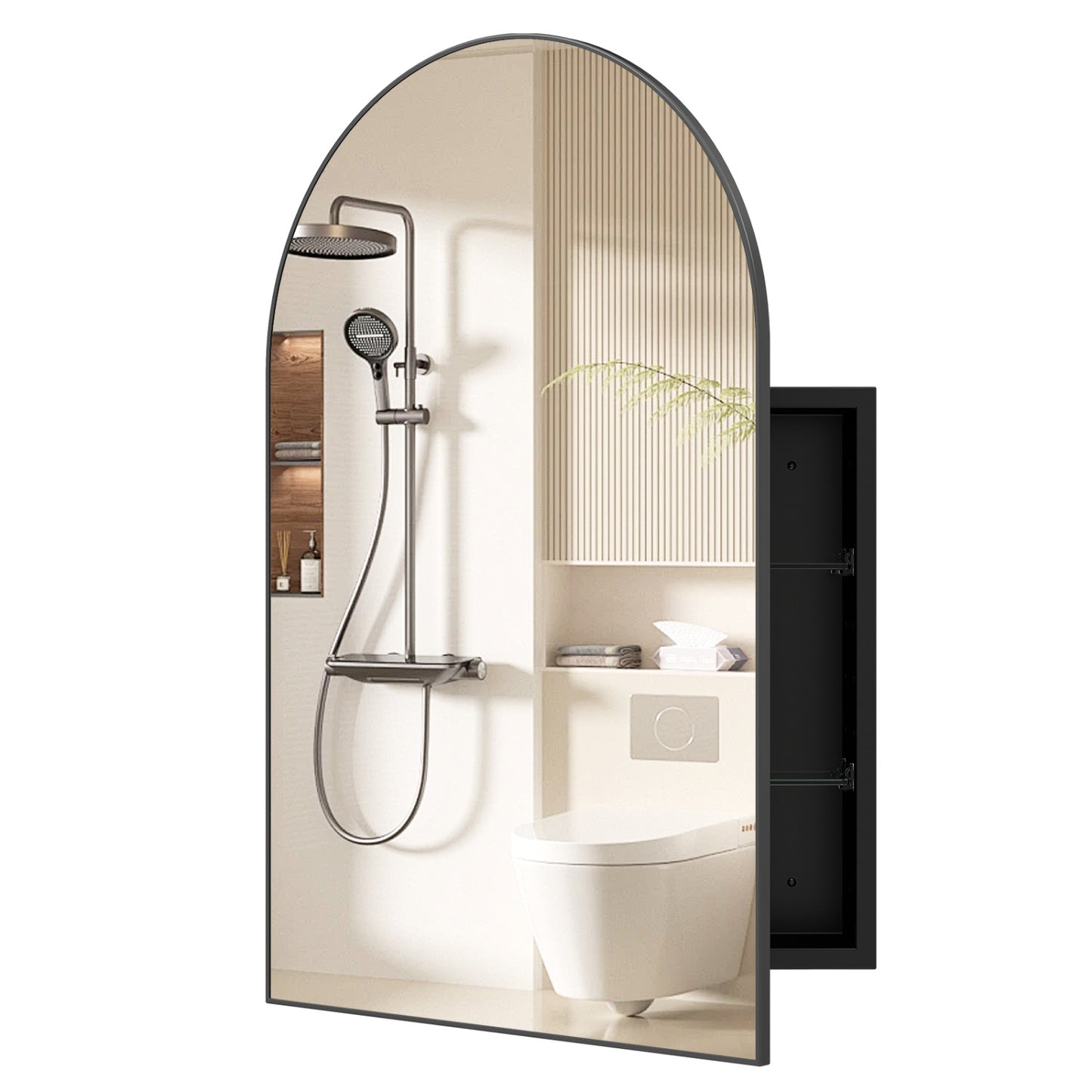 34" x 22" Brushed Metal Wall-Mounted Storage Cabinet with Arched Mirror and Adjustable Shelves, Black Wall Cabinets Black at Gallery Canada