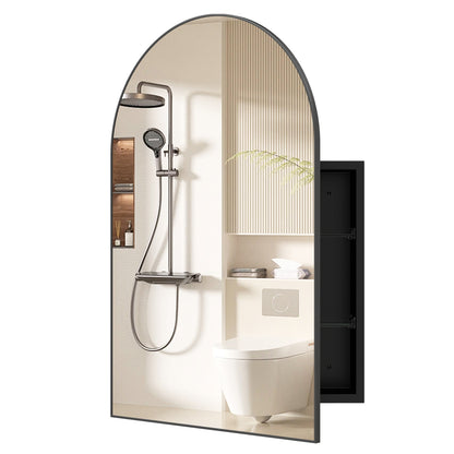 34" x 22" Brushed Metal Wall-Mounted Storage Cabinet with Arched Mirror and Adjustable Shelves, Black Wall Cabinets Black at Gallery Canada