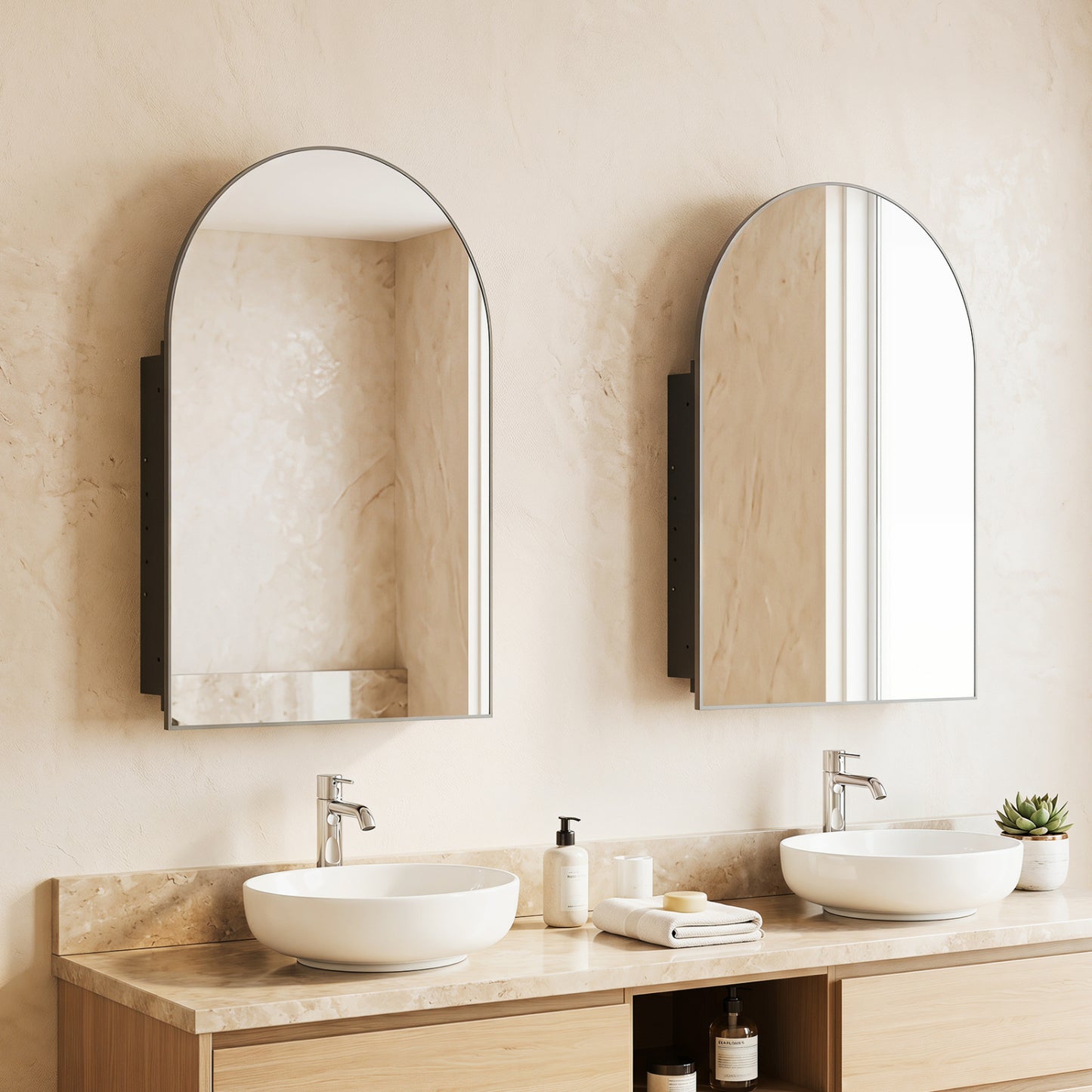 34" x 22" Brushed Metal Wall-Mounted Storage Cabinet with Arched Mirror and Adjustable Shelves, Black Wall Cabinets at Gallery Canada