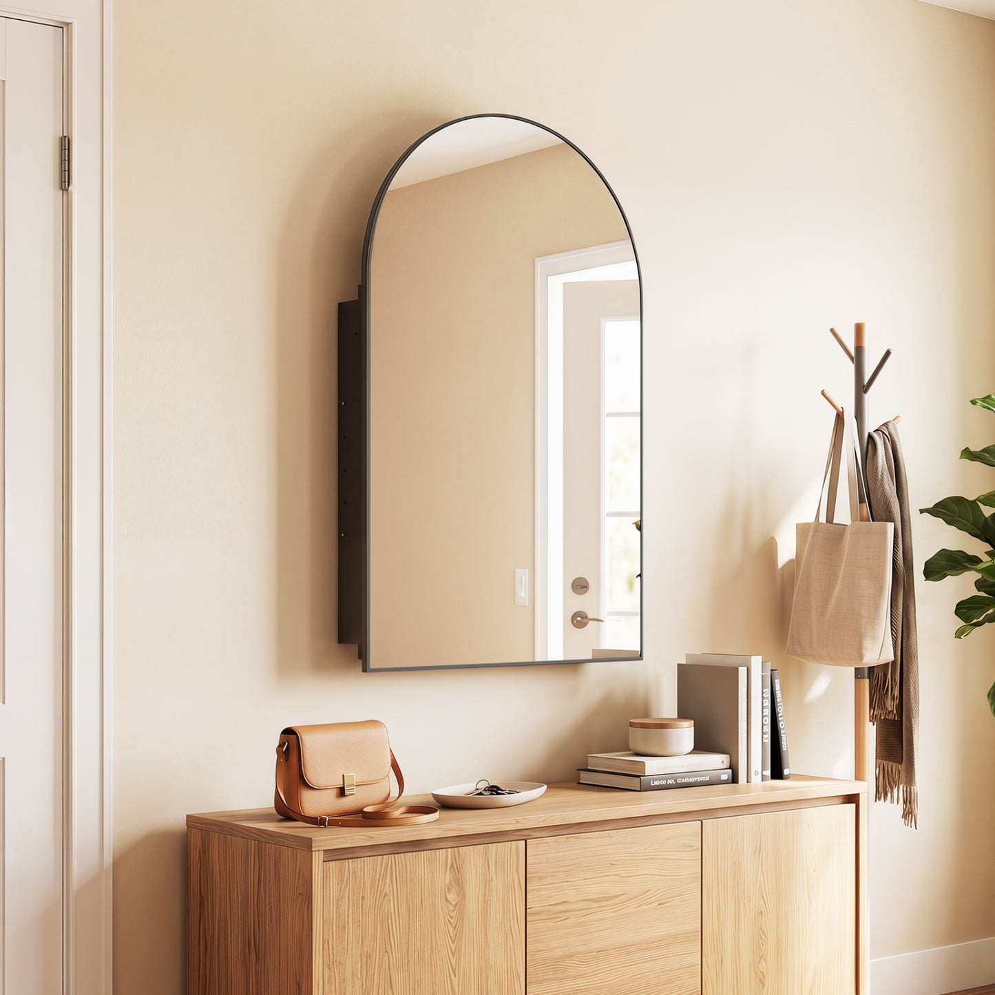34" x 22" Brushed Metal Wall-Mounted Storage Cabinet with Arched Mirror and Adjustable Shelves, Black Wall Cabinets at Gallery Canada