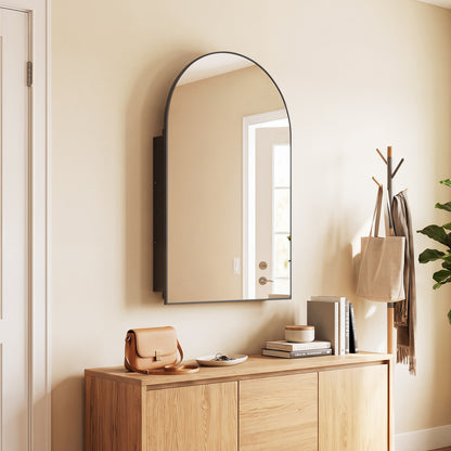 34" x 22" Brushed Metal Wall-Mounted Storage Cabinet with Arched Mirror and Adjustable Shelves, Black Wall Cabinets at Gallery Canada
