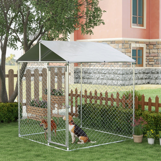 6.6' x 6.6' x 7.8' Walk in Outdoor Dog Kennel Heavy Duty Galvanised Steel Chain Link with UV-resistant Roof, Silver - Gallery Canada