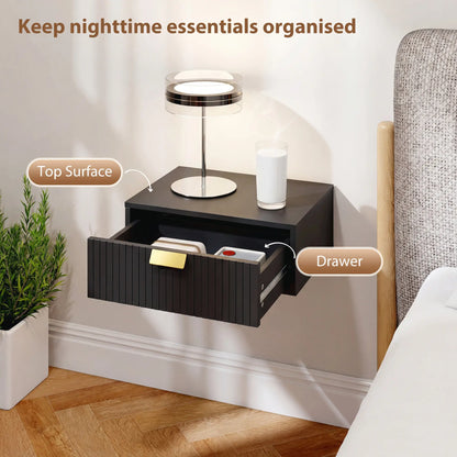 Modern Floating Nightstands, Set of 2, Wall Mounted, Wave Drawer, Black Bedside Tables at Gallery Canada